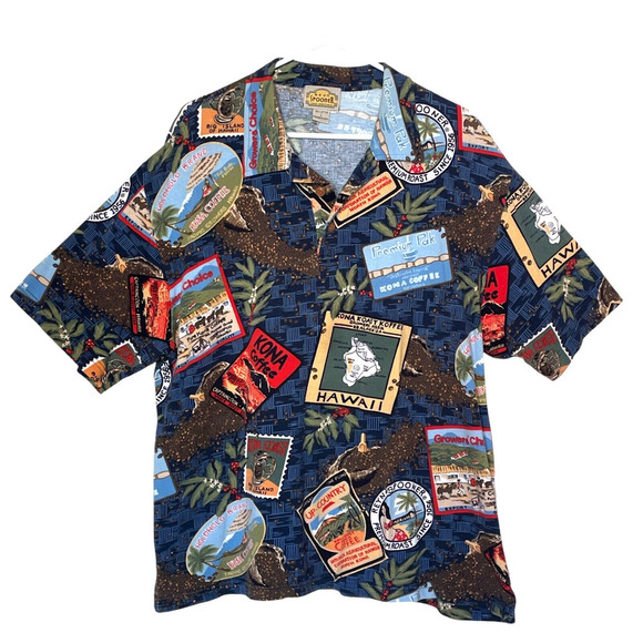 REYN SPOONER Kona Coffee Mens Size Large Multicolor Pullover Hawaiian Polo Shirt - Picture 1 of 8